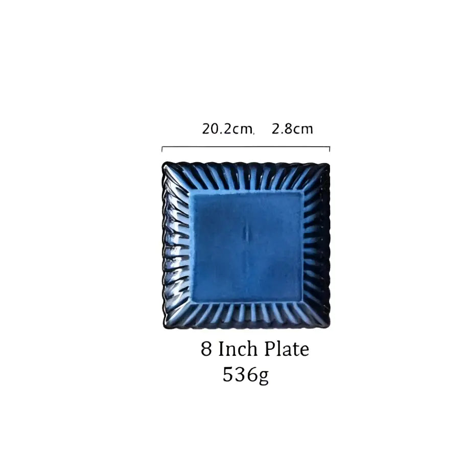 Deep blue klin glazed ceramic rectangle sushi tray with textured ridged border and smooth center for dining room decorbites klin glazed
