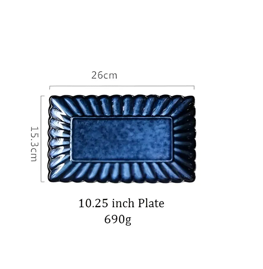 Deep blue klin glazed ceramic rectangle sushi tray with decorative scalloped edges for dining room use