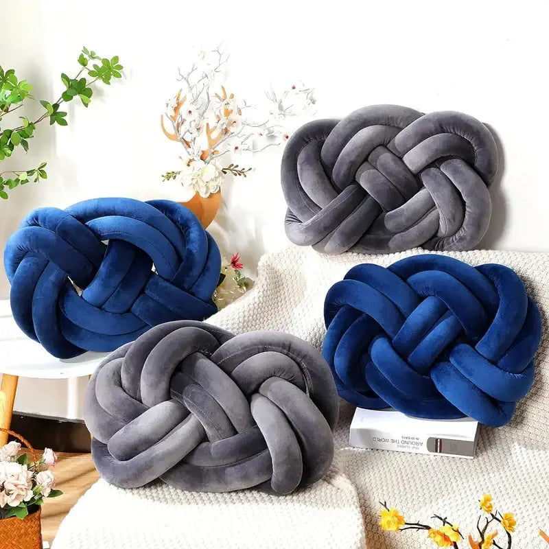 Plush navy blue and gray velvet throw pillows featuring decorbites blue handmade knot design for living room decor
