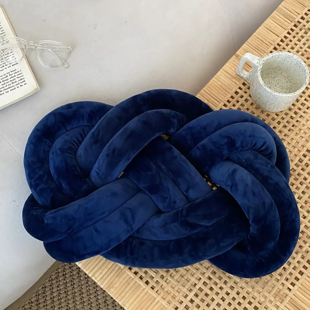 Deep blue velvet blue handmade knot throw pillow for living room decor by decorbites with soft texture