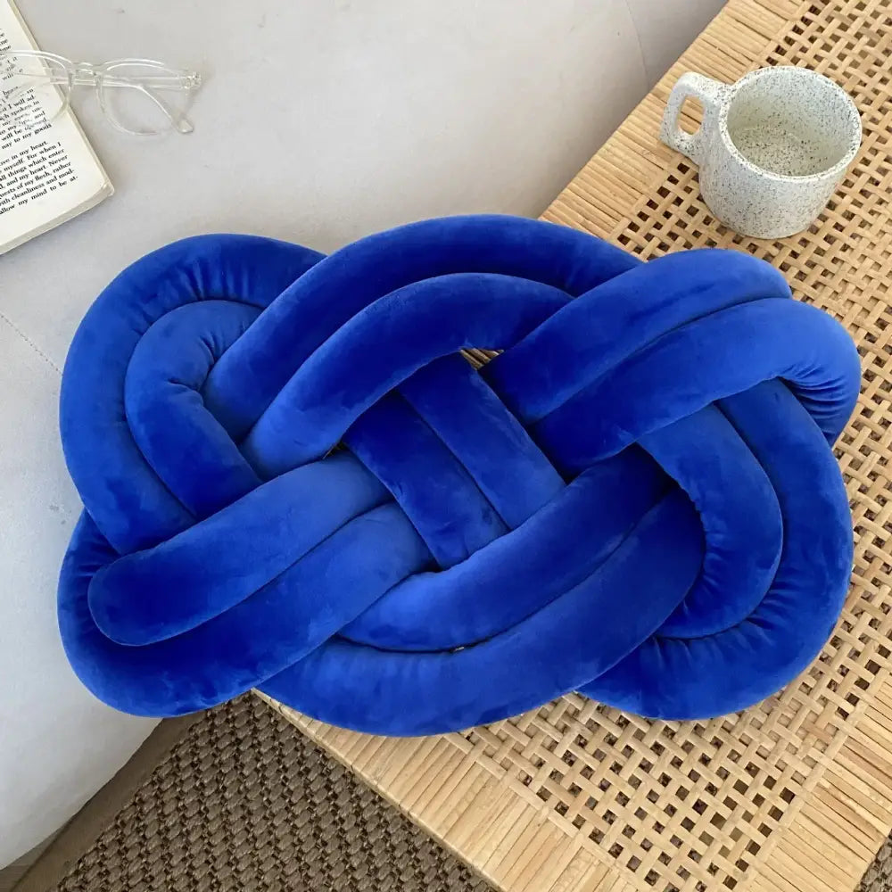 Vibrant royal blue velvet throw pillow with handmade knot design for decorbites blue handmade living room decor