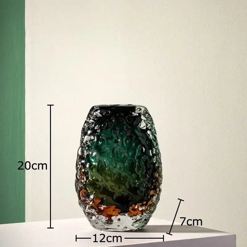 Deep green and amber textured glass vase with a glossy finish for living room table decor by Decorbites deep green