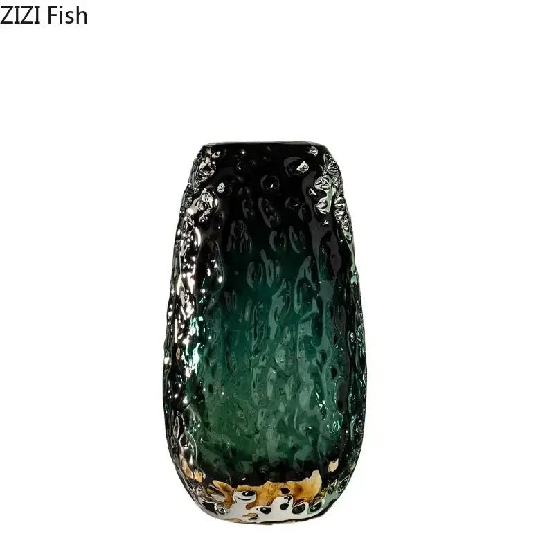 Deep green glass vase with a hammered finish and gold-toned accents for decorbites deep green living room decor