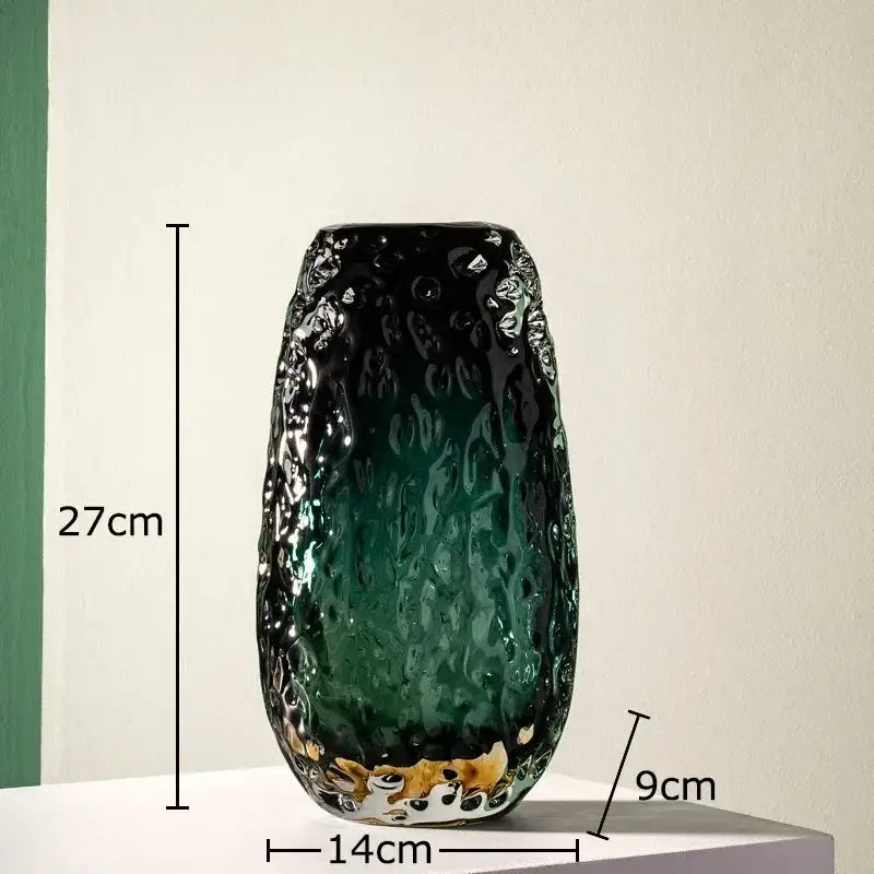 Tall textured glass vase with gradient deep green and black finish and gold-accented base for decorbites deep green decor