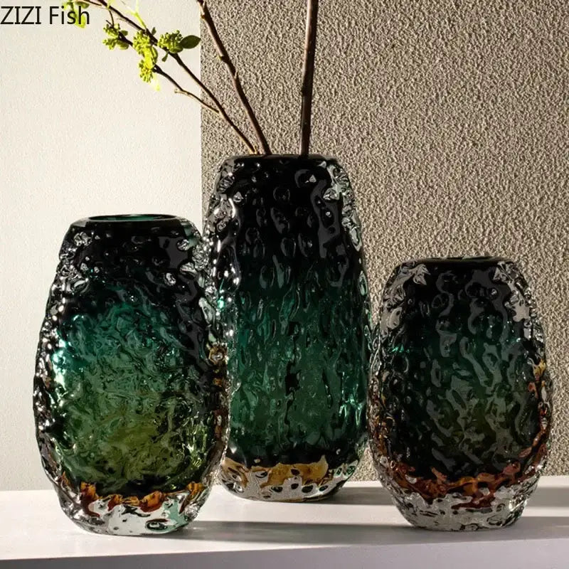 Three textured deep green and black glass vases with metallic gold accents for decorbites deep green living room decor