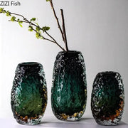 Three deep green and amber textured glass vases with bubbly organic finish for living room decorbites decor