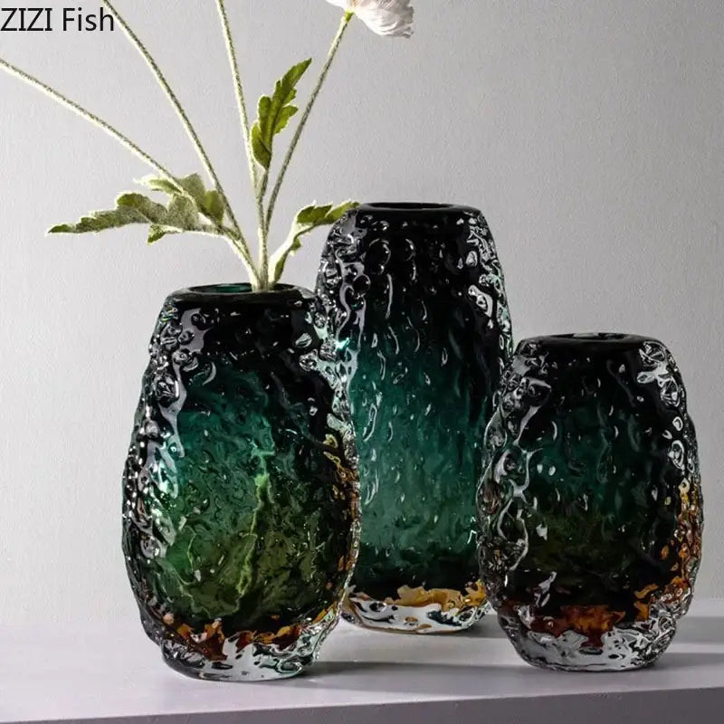 Three deep green textured glass vases with black gradient and gold accents for decorbites deep green living room decor