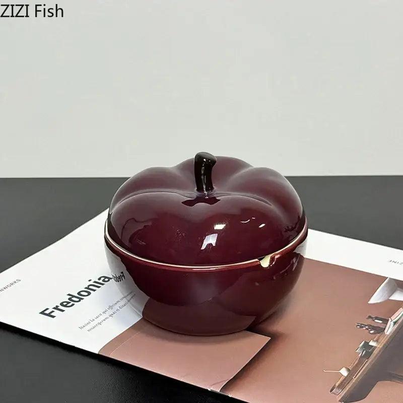 Glossy deep red ceramic apple ashtray with lid and black stem for decorbites deep red living room decor