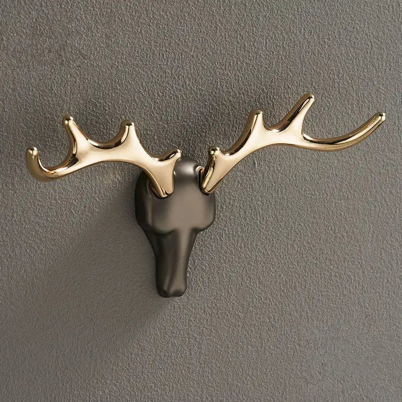 Gold and matte black ceramic deer head wall hook with antlers brass wall mount robe hooks for bathroom decorbites brass wall
