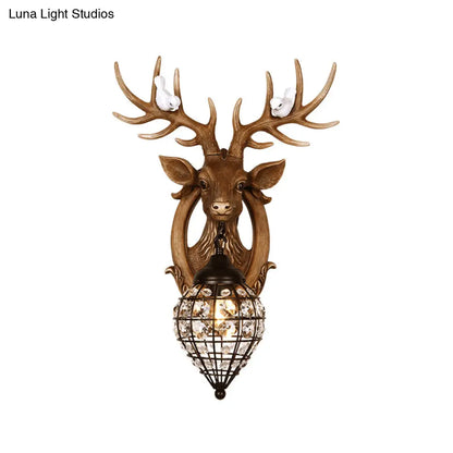 DecorBites™ Deer Head Wall Lamp: Countryside Resin Sconce with Lantern Crystal Shade in White/Brown