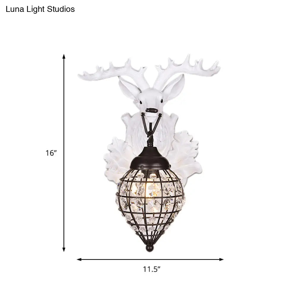 DecorBites™ Deer Head Wall Lamp: Countryside Resin Sconce with Lantern Crystal Shade in White/Brown