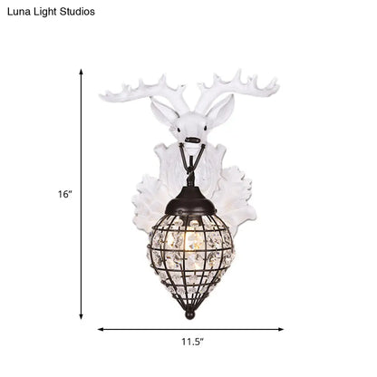 DecorBites™ Deer Head Wall Lamp: Countryside Resin Sconce with Lantern Crystal Shade in White/Brown