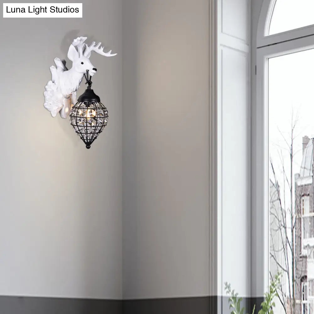 DecorBites™ Deer Head Wall Lamp: Countryside Resin Sconce with Lantern Crystal Shade in White/Brown