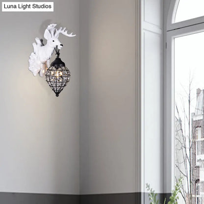 DecorBites™ Deer Head Wall Lamp: Countryside Resin Sconce with Lantern Crystal Shade in White/Brown