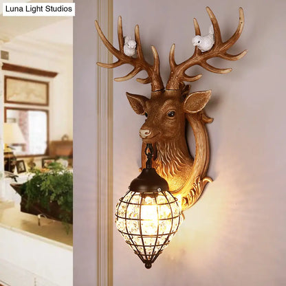 DecorBites™ Deer Head Wall Lamp: Countryside Resin Sconce with Lantern Crystal Shade in White/Brown