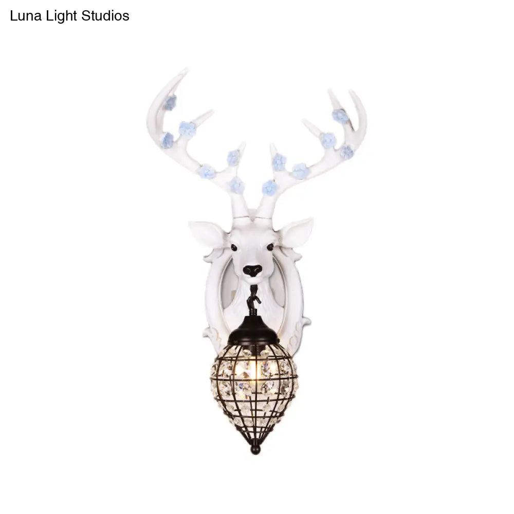 DecorBites™ Deer Head Wall Lamp: Countryside Resin Sconce with Lantern Crystal Shade in White/Brown