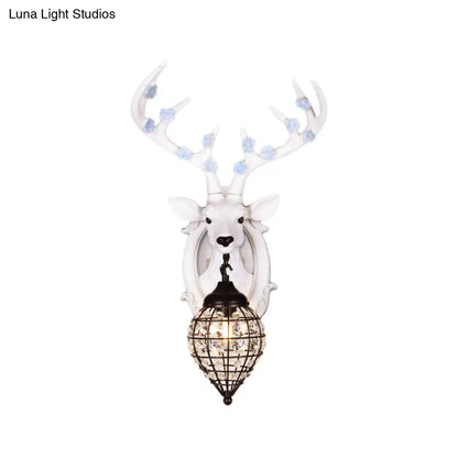 DecorBites™ Deer Head Wall Lamp: Countryside Resin Sconce with Lantern Crystal Shade in White/Brown