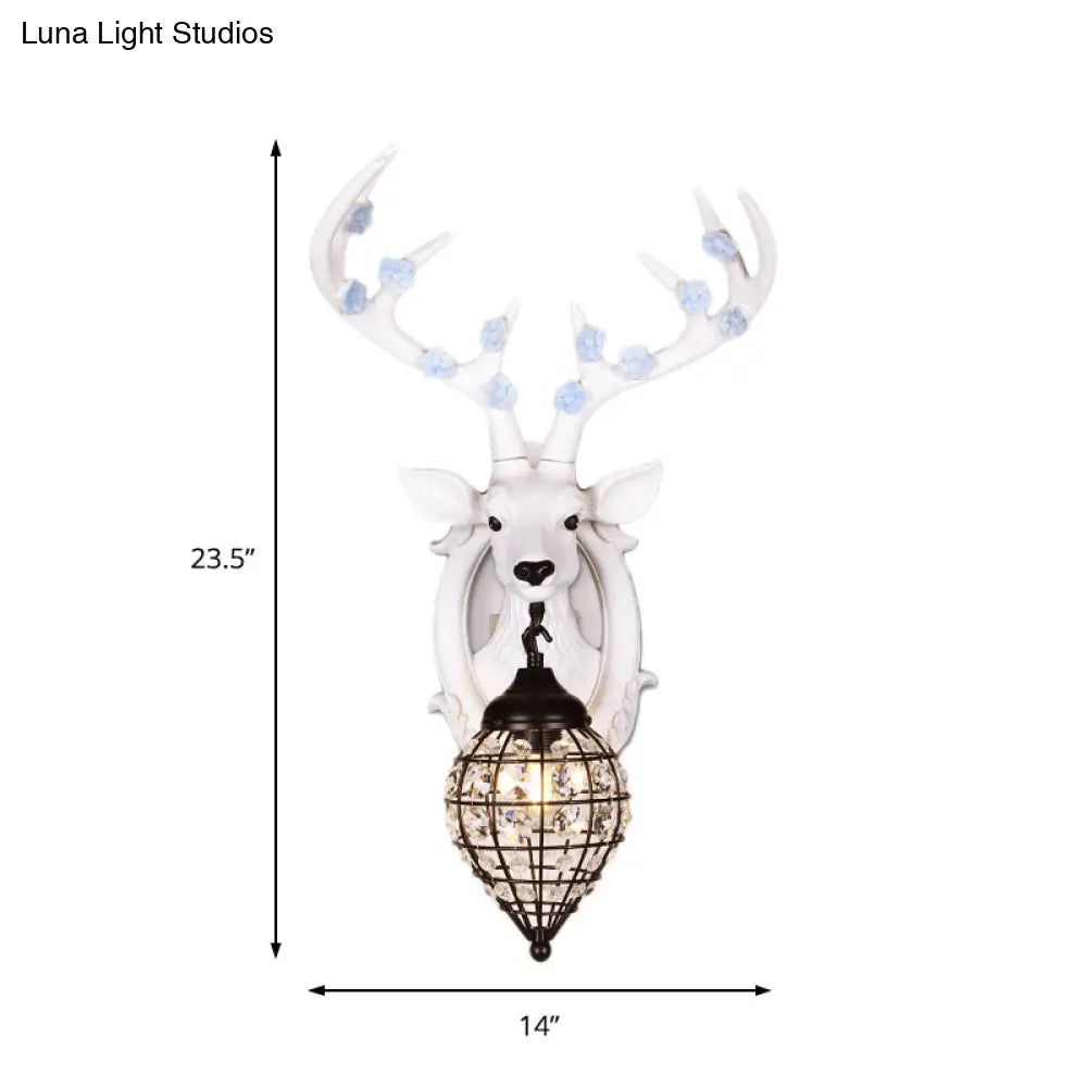 DecorBites™ Deer Head Wall Lamp: Countryside Resin Sconce with Lantern Crystal Shade in White/Brown