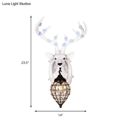 DecorBites™ Deer Head Wall Lamp: Countryside Resin Sconce with Lantern Crystal Shade in White/Brown