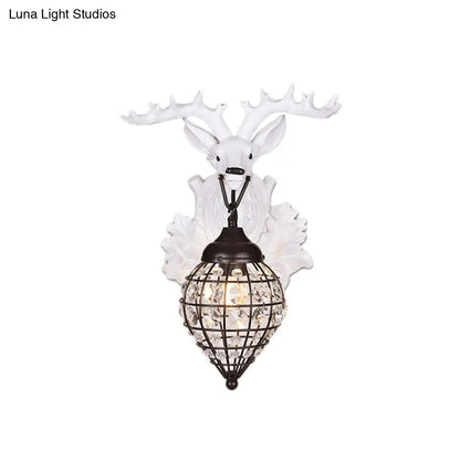 DecorBites™ Deer Head Wall Lamp: Countryside Resin Sconce with Lantern Crystal Shade in White/Brown