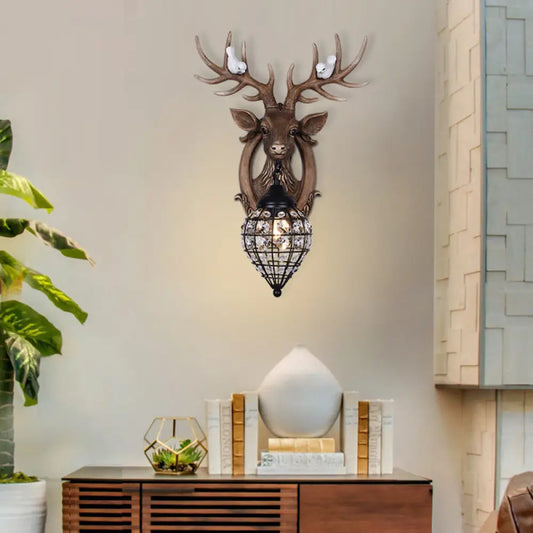 DecorBites™ Deer Head Wall Lamp: Countryside Resin Sconce with Lantern Crystal Shade in White/Brown
