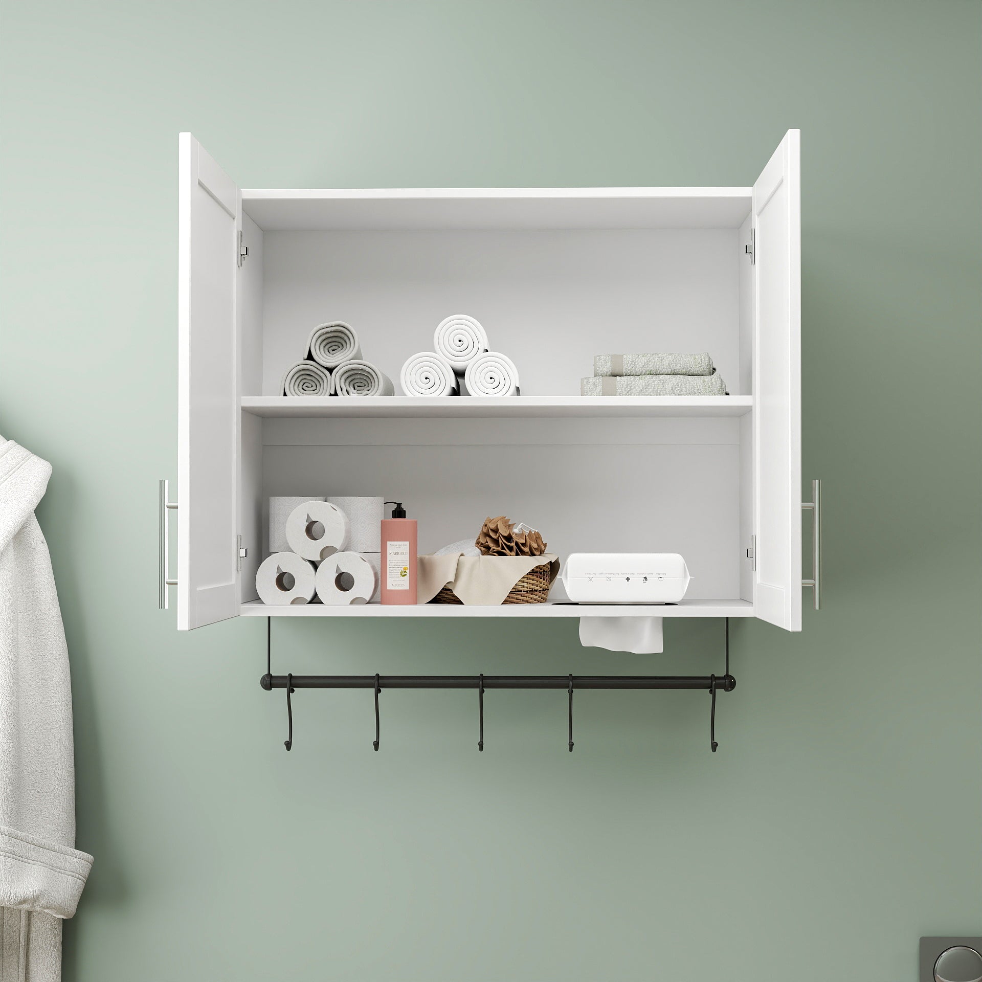 White Bathroom Wall Cabinet Adjustable Shelf Over Toilet