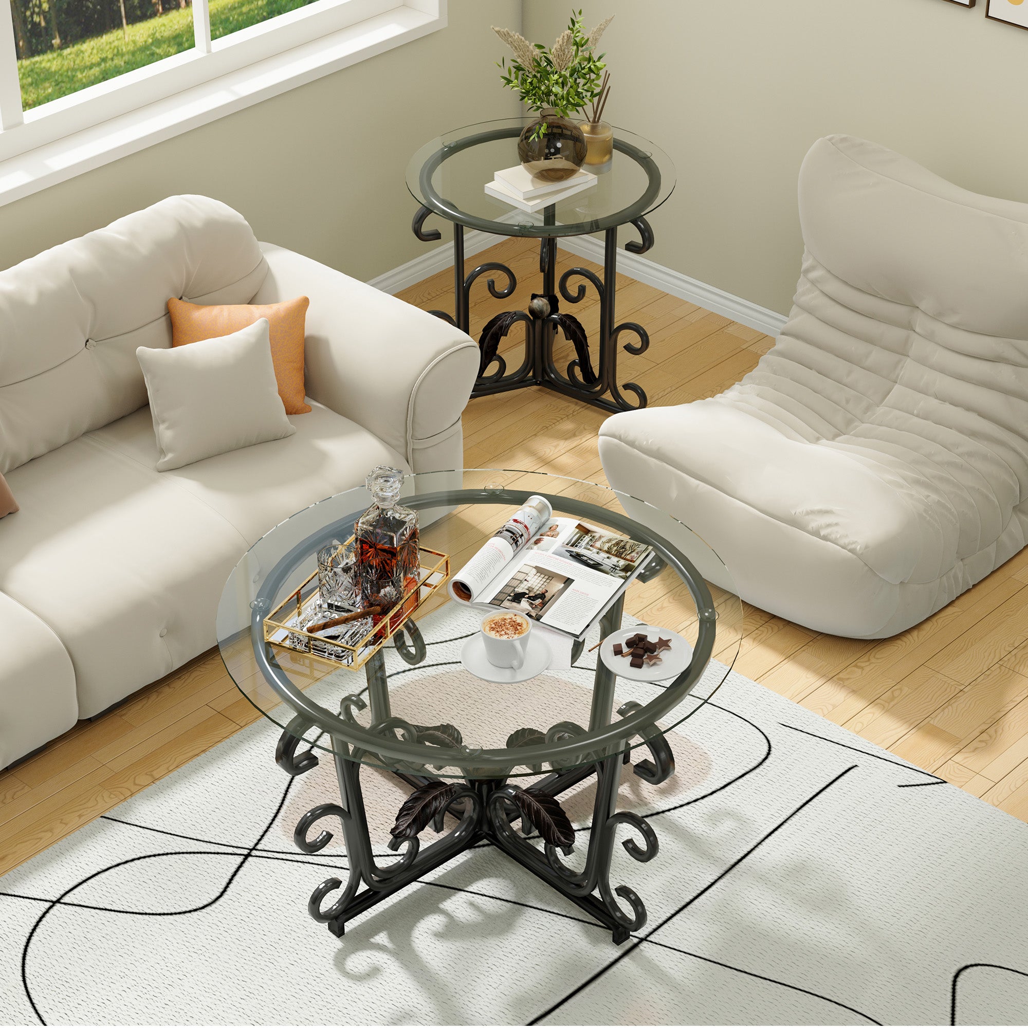 Juego de Mesas de Café de 3 Piezas, Superficie de Vidrio Templado con Marco de Metal Resistente - Conjuntos Modernos para Sala de Estar: 1 Mesa de Café y 2 Mesas Auxiliares, Resistente a Rayones y Fácil de Limpiar para Espacios Pequeños y Apartamentos