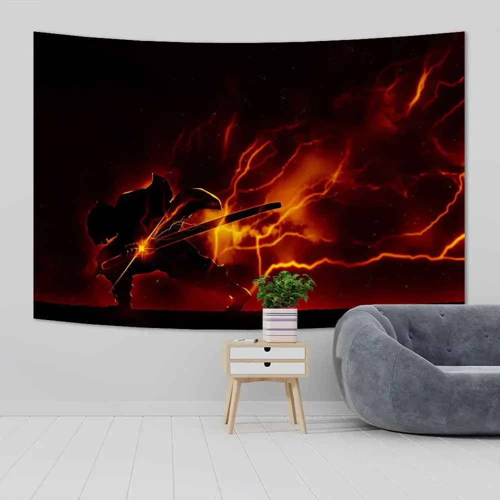 Demon slayer anime cloth wall tapestry featuring a silhouetted warrior with glowing sword and fiery lightning decor