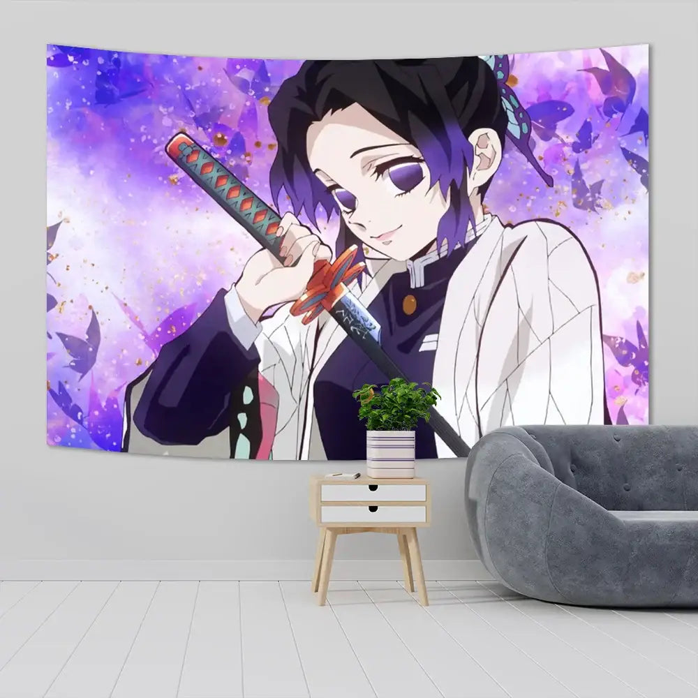 Purple and white demon slayer anime cloth wall tapestry featuring a dark-haired character holding a sword with butterflies