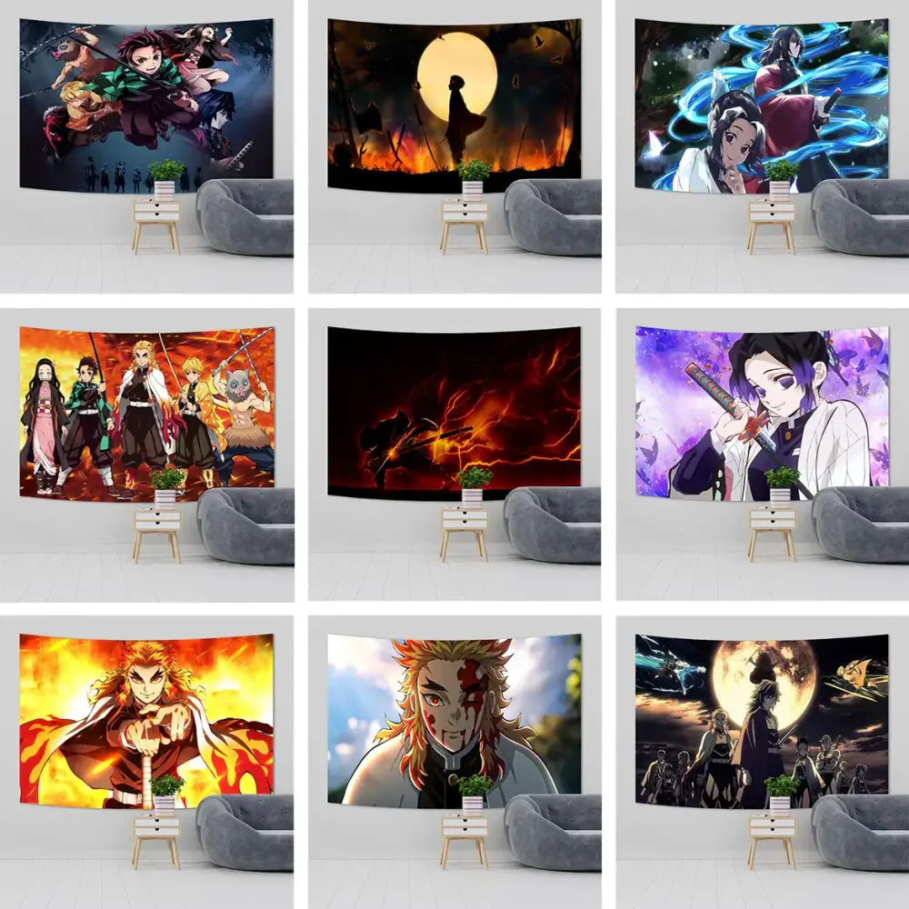 Anime cloth wall tapestries featuring vibrant demon slayer character designs for bedroom decor use