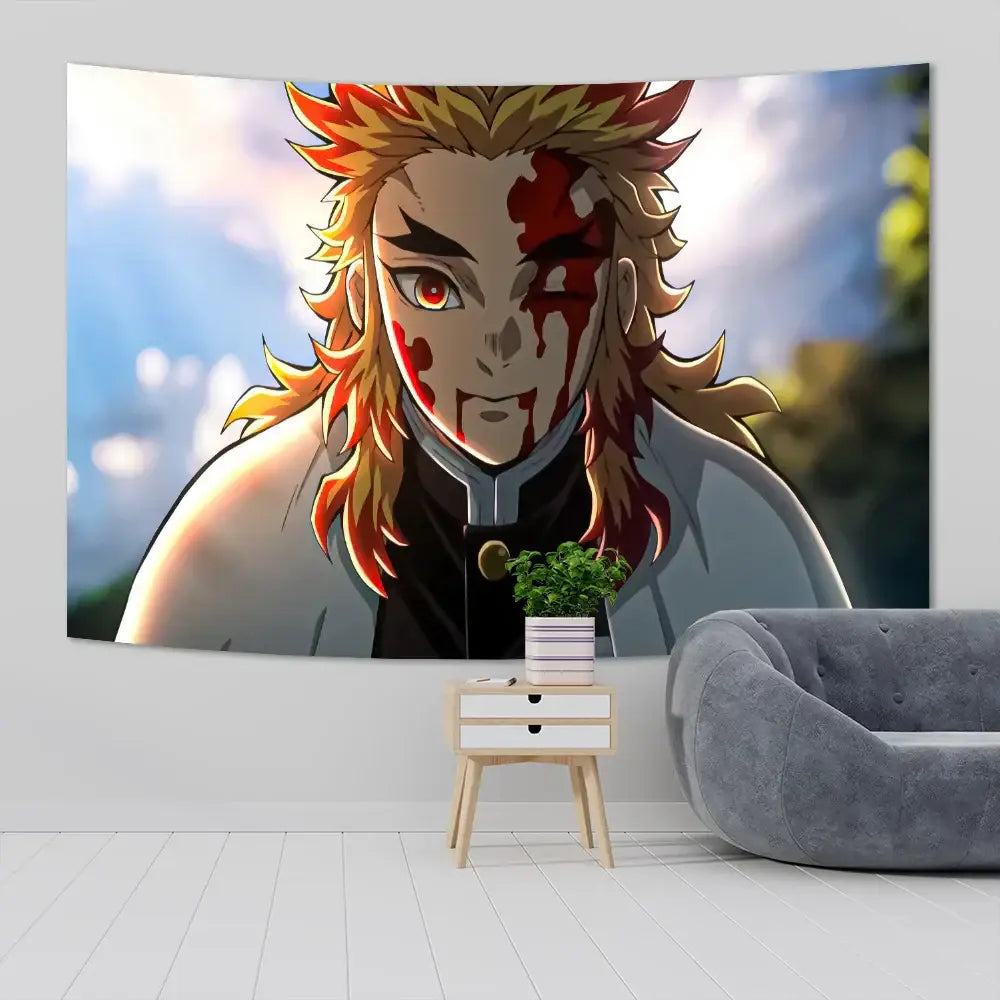 Vibrant demon slayer anime cloth wall tapestry with fiery orange hair and intense eyes for bedroom decor