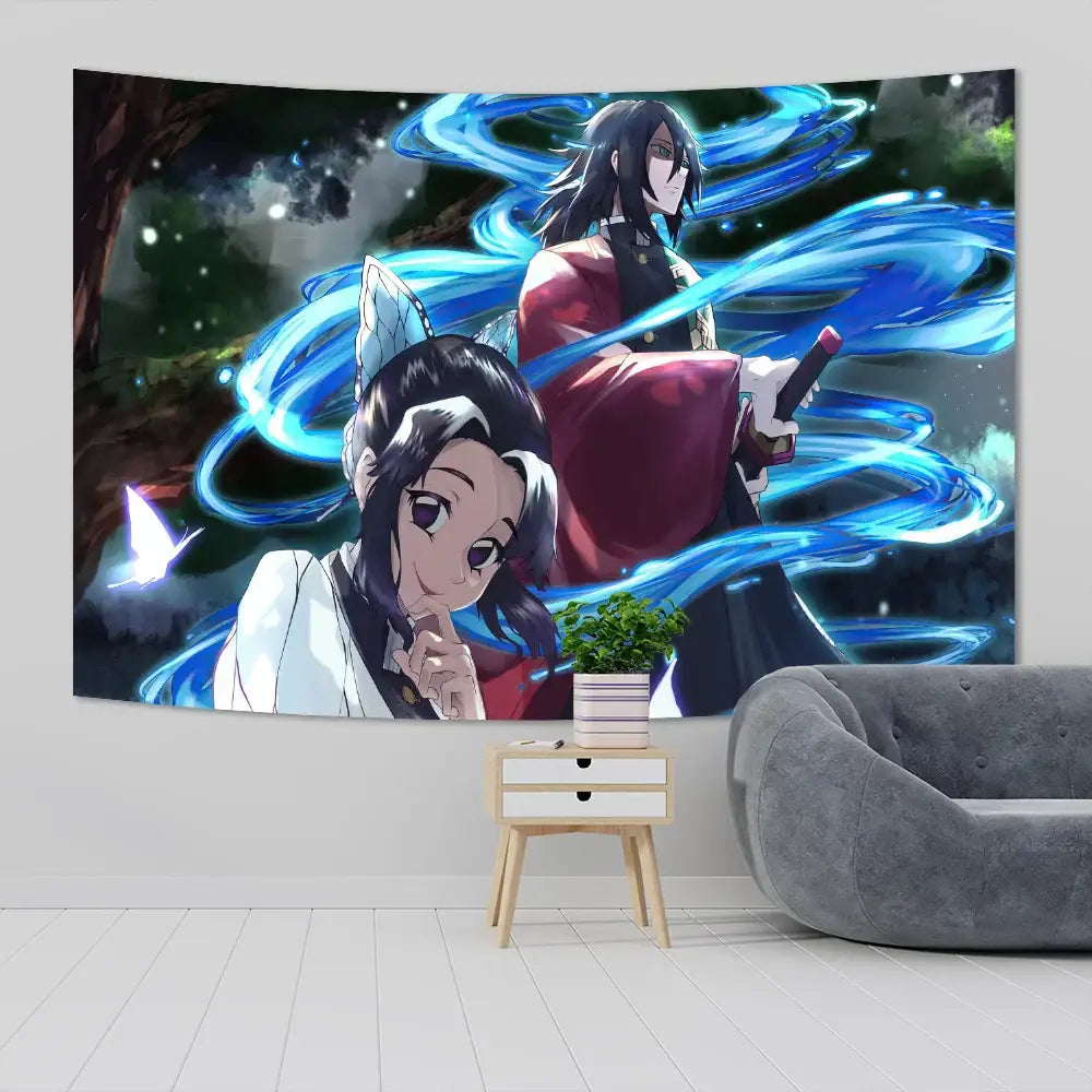 Vibrant blue and white demon slayer anime cloth wall tapestry with two characters and dynamic energy swirls for bedroom decor