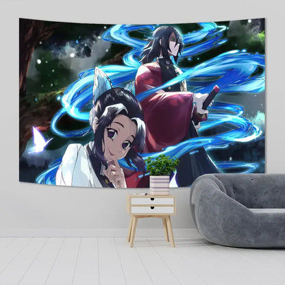 Vibrant blue and white demon slayer anime cloth wall tapestry with two characters and dynamic energy swirls for bedroom decor
