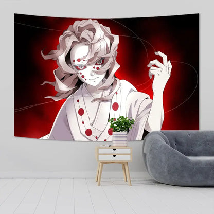 Demon slayer anime cloth wall tapestry with vibrant red and white stylized figure for bedroom decor
