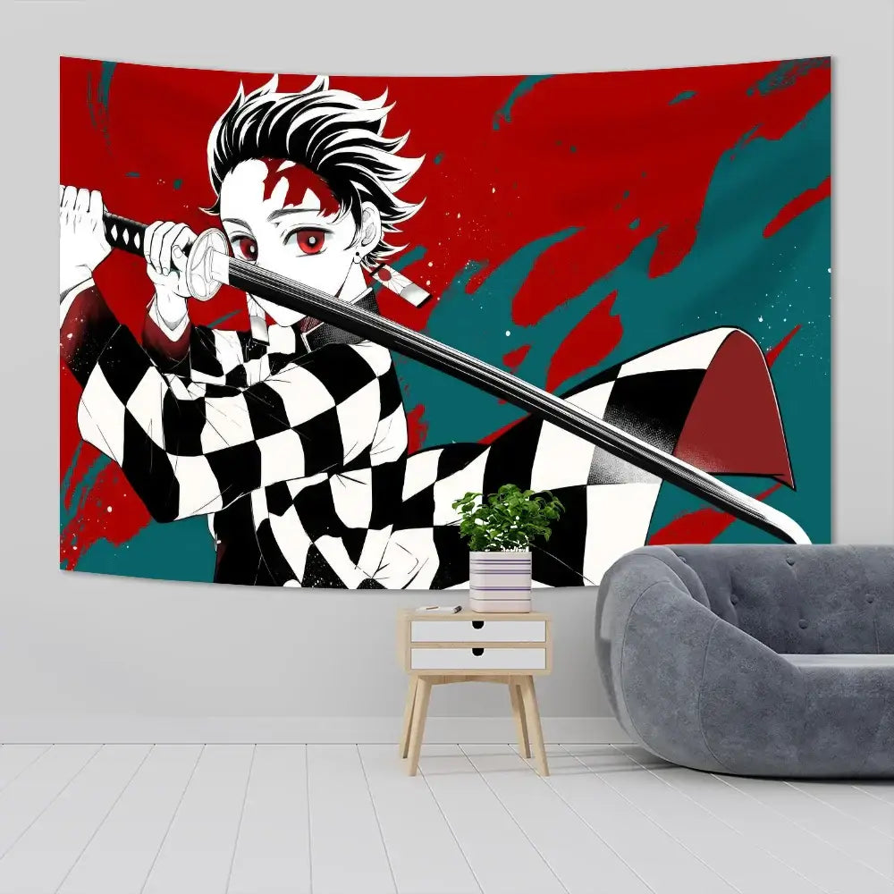 A vibrant red and teal demon slayer anime cloth wall tapestry featuring a character in a checkered outfit holding a sword