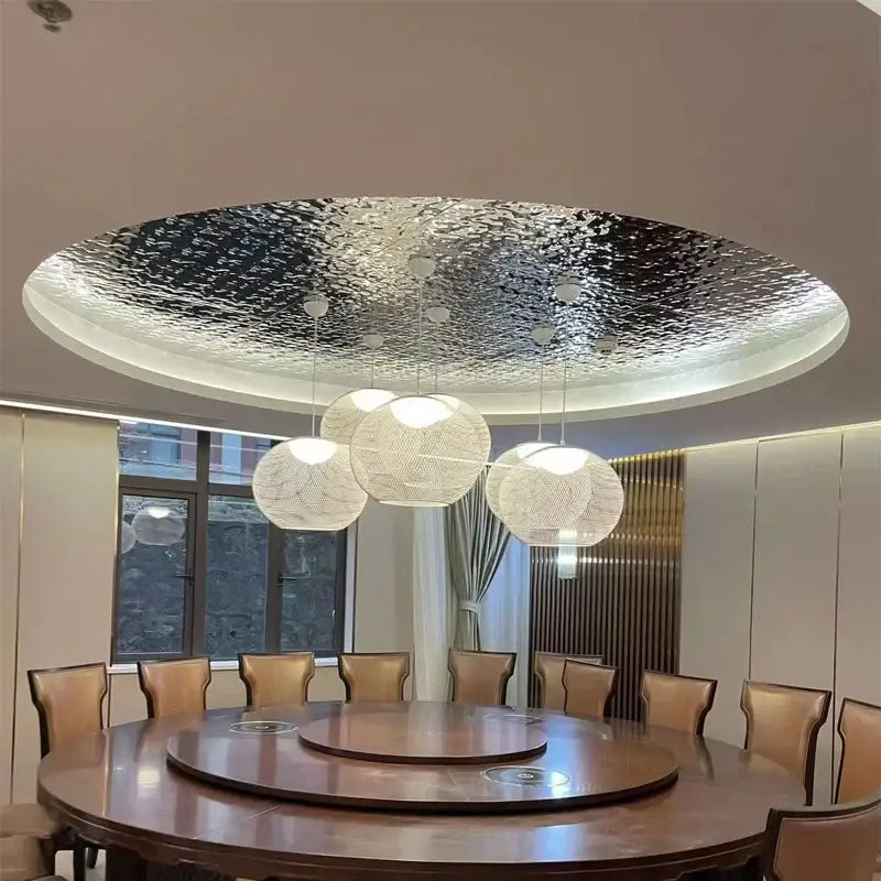Denmark style decorbites designer pendant lamp with circular metallic silver ceiling fixture and white woven spherical lamps