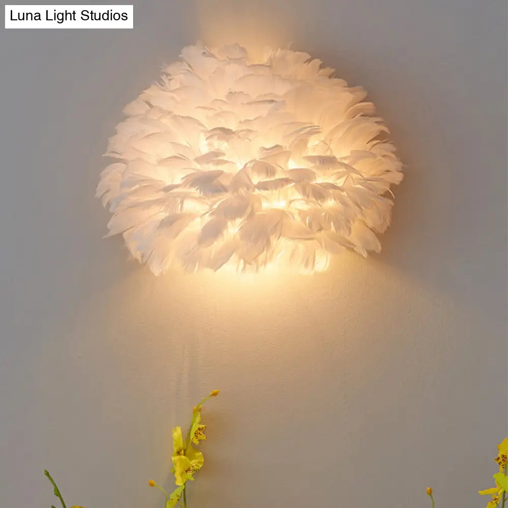 DecorBites™ Designer Half Globe Wall Sconce with Feather Accent, White/Grey Finish