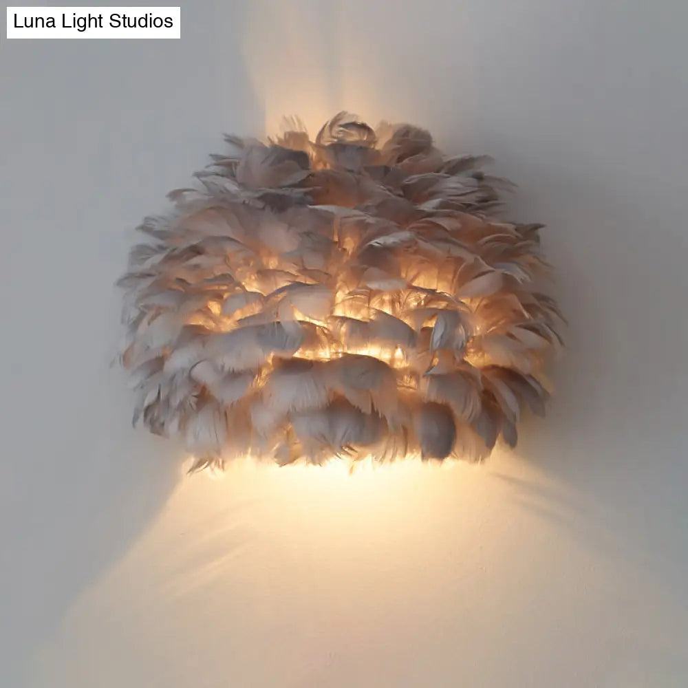 DecorBites™ Designer Half Globe Wall Sconce with Feather Accent, White/Grey Finish