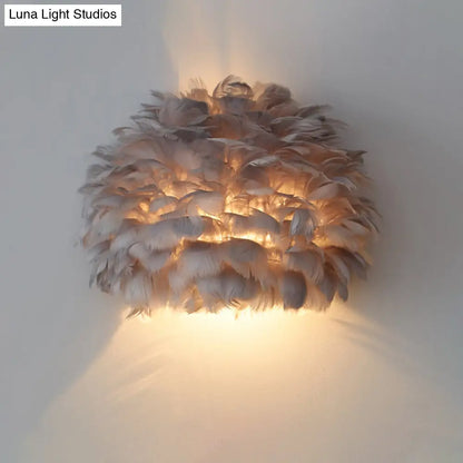 DecorBites™ Designer Half Globe Wall Sconce with Feather Accent, White/Grey Finish