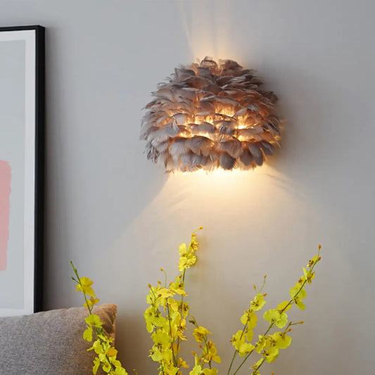 DecorBites™ Designer Half Globe Wall Sconce with Feather Accent, White/Grey Finish