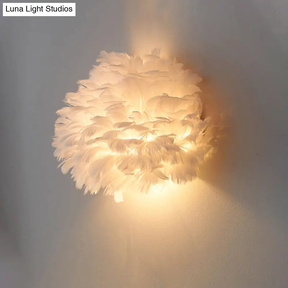 DecorBites™ Designer Half Globe Wall Sconce with Feather Accent, White/Grey Finish