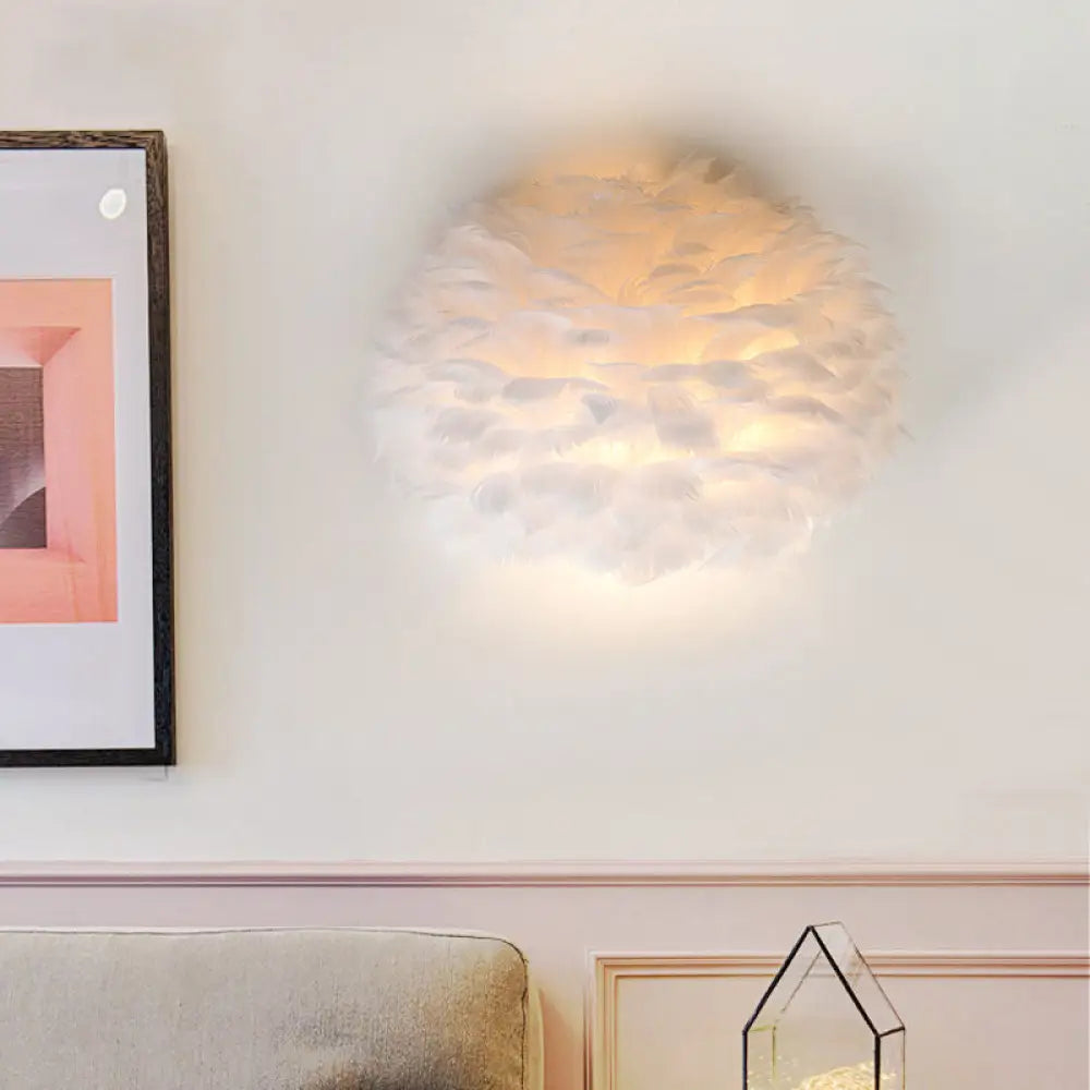 DecorBites™ Designer Half Globe Wall Sconce with Feather Accent, White/Grey Finish