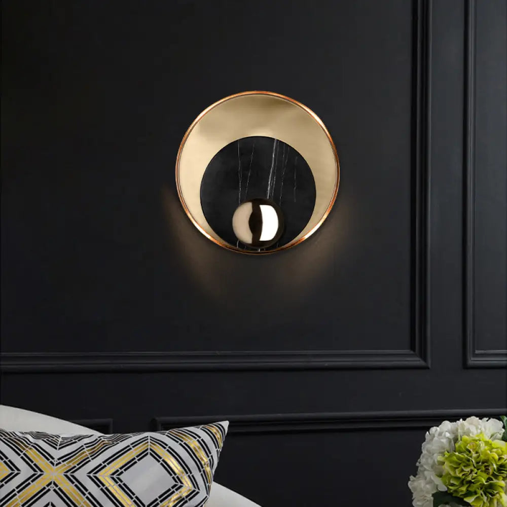 DecorBites™ Designer Marble LED Flush Mount Wall Sconce in Black/White/Gold with Peacock Tail Feather Accent - Ideal for Living Rooms