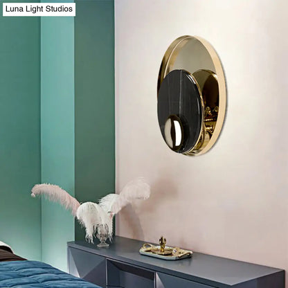 DecorBites™ Designer Marble LED Flush Mount Wall Sconce in Black/White/Gold with Peacock Tail Feather Accent - Ideal for Living Rooms