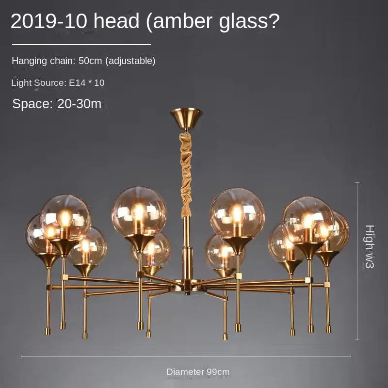 Designer Metal Chandelier for Modern Living - 10 heads amber glass / Black lamp body / 3-color light - Chandelier