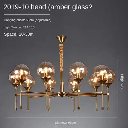 Designer Metal Chandelier for Modern Living - 10 heads amber glass / Black lamp body / 3-color light - Chandelier