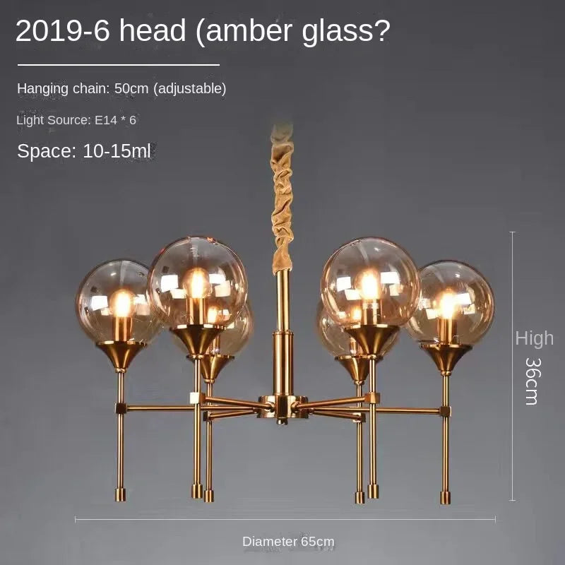 Designer Metal Chandelier for Modern Living - 6 heads amber glass / Black lamp body / 3-color light - Chandelier