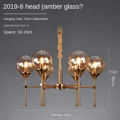 Designer Metal Chandelier for Modern Living - 6 heads amber glass / Black lamp body / 3-color light - Chandelier