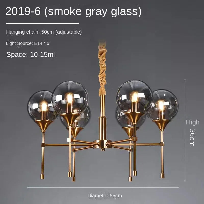 Designer Metal Chandelier for Modern Living - 6 heads Soot glass / Black lamp body / 3-color light - Chandelier