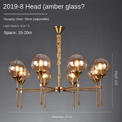 Designer Metal Chandelier for Modern Living - 8 heads amber glass / Black lamp body / 3-color light - Chandelier